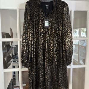 DKNY Black and Gold Animal Print Long Sleeve Dress